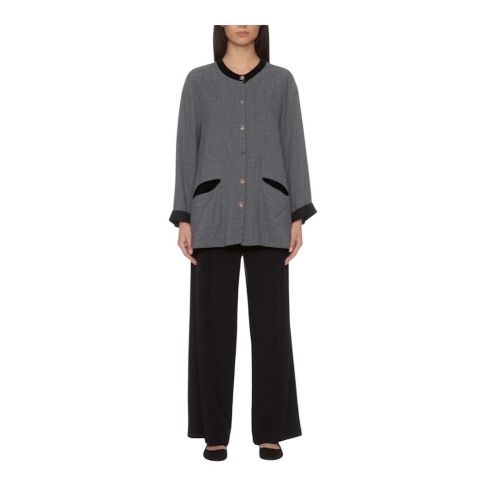 FLAX Gray with Black Wool Linen Blend Lagenlook Oversized Jacket Size Small